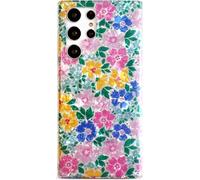 Qokey Coque pour Galaxy S24 Ultra - Paillettes nacrées fleurs pastel coquillages pour femme, souple, légère, fine, en TPU, anti-jaunissement, anti-choc, bleu poudré floral