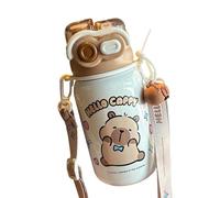 QOKLIYUI Bouteille isotherme double anti-fuite Capybara avec double gobelet Fresh Go, bouteille d'eau portable, isotherme pour boissons d'extérieur, 530 ml blanc