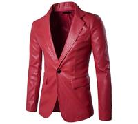 Qolkmuiy-GJ Blazer de costume en cuir avec poche pour homme, multicolore, col cranté à 1 bouton, blazer décontracté à un seul bouton, Rouge, Taille M