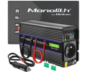 Qoltec Monolith Onduleur Auto/Indoor 600W, Entrée 12V DC, Sortie 230V AC 50Hz, Port USB 18W, Protections Surtension/Court-circuit, Refroidissement Actif