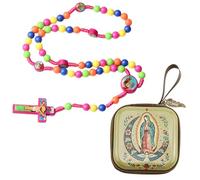 Qoncosy 1 chapelet catholique pour première communion - Collier de perles de prière en plastique coloré avec Vierge Marie, coffret cadeau inclus (38,1 cm)