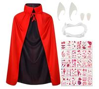 Qooloo Costume de Vampire noir et rouge Cape, Cape d'Halloween pour enfants 120cm avec cicatrice tatouage autocollant, dentistes, oreilles elfe pour Halloween robe up cosplay scène spectre de magie