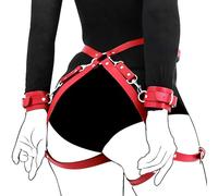 Qoosea Ensemble de Bondage Sexuel BDSM avec Menottes et Sangle de Taille pour le Croisement des Cuisses Ensemble de Bondage érotique Ajustable pour le Jeu BDSM Couple (Rouge)