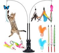 Qoosea Jouet Chat Plumes Interactifs 14 Pièces Intérieur Jouet à Plumes pour Chats, Jouet pour Chat Interieur, Interactifs Jouets pour Chaton avec Grelot, Baguettes Aguicheuses et Ventouse Jouet Chat