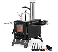 qorkhogr Réchaud à bois pliable et portable avec 5 tuyaux de cheminée pour camping, cuisine, chauffage, barbecue, randonnée, pêche, chasse - Noir