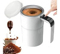 Qosigote 12oz Electric Magnetic Stirring Coffee Mug, Electric Coffee Mug with a built-in LCD Thermometer, for brewing coffee, milk, cocoa, Stainless Steel Self Stirring Coffee Mugwith Lid (White)