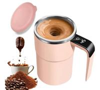 Qosigote 12oz Electric Magnetic Stirring Coffee Mug, Electric Coffee Mug with a built-in LCD Thermometer, for brewing coffee, milk, cocoa, Stainless Steel Self Stirring Coffee Mugwith Lid (Pink)