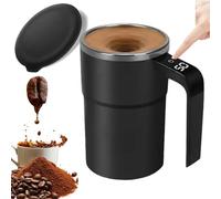 Qosigote 12oz Electric Magnetic Stirring Coffee Mug, Electric Coffee Mug with a built-in LCD Thermometer, for brewing coffee, milk, cocoa, Stainless Steel Self Stirring Coffee Mugwith Lid (Black)