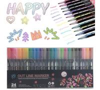 Qosigote Sparkle Markers Colorful Art Pens, 8/12/24 Pcs Outline Marker Set, Glitter Gel Double Line Outline Pen for Highlighting and Colorful Artwork (24 Pcs)