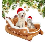 Qosneoun Christmas Sleigh Dog Bed, Interesting Red Christmas Cat Dog Bed, Festive Plush Cosy Cat Beds - Xmas Sleigh, Machine Washable, Non-Slip ＆ Comfortable (C, L(80 * 63 * 32cm))