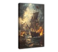 QOTOPGPG Impression sur toile représentant la défaite de l'Armada espagnole - Décoration murale pour salon, chambre à coucher - 50 x 75 cm