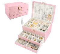 QOUBNIC Boite a Bijoux, Rangement Bijoux 3 Niveaux Boite a Bijoux Fille, Boite à Bijoux Femme Boite Rangement Bijouxrange Bijoux Femme pour Boucles, Colliers,Bagues (Rose)