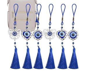 Qoukonao Pendentif mauvais œil pour voiture, 6 breloques turques avec pompon, ornement Nazar à suspendre - Pour l'extérieur, le bureau, la porte d'entrée, le rétroviseur de voiture et la maison