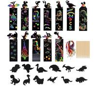 QOWIJEX 24 Pcs Carte a Gratter,Dinosaure Images à Gratter pour Enfants Avec Ruban, Stylo à Gratter Pour Travaux Manuels, Petits Cadeaux pour les Anniversaires, les Fêtes et les Loisirs Créatifs