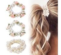QOWIJEX Lot de 3 Chouchous à Cheveux,Chouchou Cheveux avec Perles et Roses,élastiques Solides pour Queue de Cheval pour Femmes et Filles