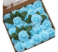 QOXEZY Lot de 25 roses artificielles en mousse pour arrangements floraux - Roses artificielles réalistes en violet, bleu, lavande, bleu marine et blanc, comprend 8 feuilles bonus (bleu)