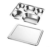 QOXEZY Plateau de service divisé en acier inoxydable à 5 sections avec couvercle - Plateaux alimentaires réutilisables pour le camping et le pique-nique - 28 x 22 cm (B)
