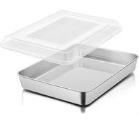 QOXEZY Plateau rectangulaire en acier inoxydable avec couvercle et filet, pour la cuisson, garde les pâtisseries fraîches, facile à nettoyer, construction lisse en acier inoxydable, répartition