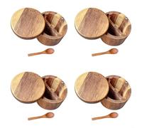 QOXEZY Récipient à assaisonnement en acacia avec deux compartiments intérieurs, couvercle et cuillère en bois résistant à la poussière, pour sel, sucre et assaisonnements, design divisé, compact pour