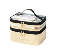 QOXEZY Trousse de maquillage spacieuse et étanche, double couche en PVC et cuir PU, trousse de toilette de voyage de grande capacité avec poignée, rose, café, beige (beige)