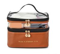 QOXEZY Trousse de toilette de voyage spacieuse et étanche, double couche en PVC et cuir synthétique, grande capacité, organiseur de cosmétiques avec poignée, rose, café, beige (café)