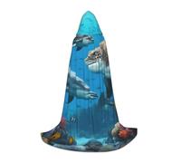 QPIPGER Costume d'Halloween imprimé monde sous-marin - Cape à capuche pour hommes et femmes - Robe de sorcière, Viking pour fête, cosplay, magicien, sorcière, viking, taille L