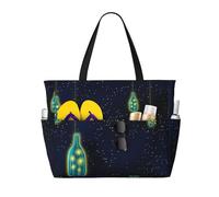 QPIPGER Grand sac de plage imprimé Bouteilles dans le ciel nocturne pour femme Sac fourre-tout imperméable et résistant au sable avec poches zippées