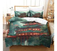 QPIRINMEX Architecture Japonaise Housse De Couette Trois Pièces Ensemble De Literie 3D Housse De Couette Hypoallergénique Microfibre Housse De Couette avec Taie d'oreiller Lit King(220x240cm)