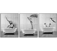 QPLGTU Décoration murale pour salle de bain, maison, poster noir et blanc - Motif animaux - Motif : pingouin + éléphant + girafe, 40 x 60 cm x 3 cm