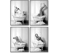 QPLGTU Poster de Décoration Murale pour Salle de Bain et Maison, Noir et Blanc, Motif Animal de Montagne Amusant, Sans Cadre (50 x 70 cm x 4)