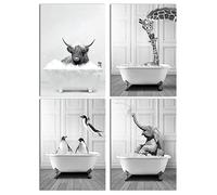 QPLGTU Poster de décoration murale pour salle de bain, maison et maison, noir et blanc, motif animal de montagne, décoration animale drôle, sans cadre (animal de salle de bain 1, 30 x 40 cm x 4)