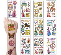 Qpout 10 feuilles Hippie Tatouages Autocollants Groovy des années 70 80 Années 90 Tatouages Autocollants, Amour et Paix Signe Tatouages Visage Flower Power Arc-en-ciel Hippie Thème Party