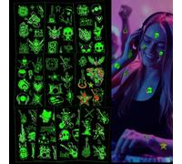 Qpout 10pcs Glow In The Dark Rock and Roll Tatouages temporaires, noir lumineux Musique Guitare Rock BandStar Faux Tatouages Autocollants pour les années 90 à thème Anniversaire Party