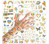 Qpout 12 Feuilles de Tatouages Temporaires Arc-En-Ciel Papillon Coeur Arc-En-Ciel Drapeau Autocollant D'Art Corporel 130+ Styles de Paillettes Tatouages de Fierté pour Filles GarçOns FêTe