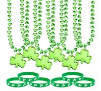 Qpout 12 Pièces Collier Bracelet la Saint-Patrick, 6pcs Shamrock Collier, 6pcs Vert Shamrock Bracelet en Caoutchouc, pour Enfants Femmes Hommes Irlandais Fête irlandaise de la Saint-Patric Décoration