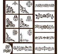Qpout 12 Pièces Pochoirs d'angle de Fleur, Pochoirs de Bordure de Conception de Totem Tribal de Fleur pour Peinture sur Mur Meubles en Bois Panneau de Porcelaine Plancher Cadre Photo Scrapbook