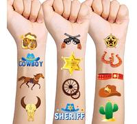 Qpout 120pcs Glitter Gold Cowboy Tatouages Temporaires Western Foil Cheval Rodeo Yeehaw chapeaux Bottes Visage Faux Tatouages, Garçons Cowboy Artisanat Western Party Tatouages Cheval Autocollant