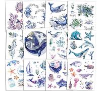 Qpout 120pcs Tatuaggi temporanei di animali oceanici per bambini, falso animale di mare oceano tropicale pesci squalo delfino adesivi tatuaggio impermeabile festa di compleanno di ragazze ragazzi