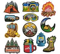 Qpout 12pcs Camping fer sur patchs, aventure en plein air randonnée Nature paysage brodé réparation décoratif applique patch kit pour vêtements sac à dos Jeans vestes casquette bricolage
