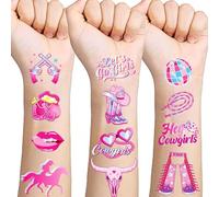 Qpout 144pcs Glitzer Cowgirl temporäre Tattoos Dekorationen Western Pink Disco Pferd Rodeo Yeehaw Party Supplies, Rosa Cowgirl Tattoos Junggesellin Let's Go Girls Party Gesicht gefälschte Tattoos …