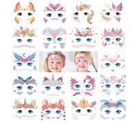 Qpout 18 feuilles de tatouages temporaires pailletés pour enfants, tatouages de maquillage à la peinture pour visage d'animaux, autocollants pour filles, décorations d'anniversaire