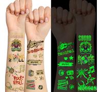 Qpout 18 feuilles Glow In The Dark Musique Rock Band Star Tatouages temporaires, guitare lumineuse Rock and Roll faux tatouages autocollants pour les années 90 à thème anniversaire Party