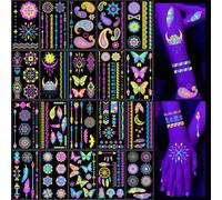 Qpout 20 feuilles de tatouages temporaires phosphorescents dans le noir Réactifs à la lumière noire UV Néon, Fluorescence Boho Faux Tatouages Autocollants pour Femmes et Hommes Art du Corps