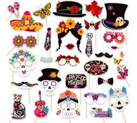 Qpout 30Pièces Dia de Los Muertos Photo Booth Accessoires,Jour Mexicain de la Mort Sugar Skull Masques Selfie Props pour Cinco de Mayo Halloween Fiesta Party Supplies Favors Decorations