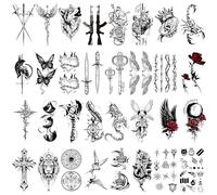 Qpout 32 Feuilles Noir Tatouages Temporaires pour Adultes, ImperméAble RéAliste Sexy Pirates Fleurs Papillon Faux Tatouage Autocollants pour Femmes Hommes Bras Corps Art Noir Halloween