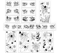 Qpout 5 feuilles Grande toile d’araignée 3D Tatouages temporaires et 10 Paires Ombre à paupières Eyeliner Visage Maquillage des yeux Tatouages autocollants, Horreur noire Faux Décalcomanies
