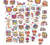 Qpout 52 pièces Hippie Tatouages Temporaire Assortiment Trendy Hippie Autocollant Fleur Pouvoir Amour et Paix Signe Groovy Tatouages pour Enfants et Adultes Anniversaire Groovy Hippie Party