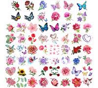 Qpout 60 feuilles Tatouage Temporaire de Fleurs pour Femmes/Filles, tatouage temporaire de rose réaliste, Tatouages de papillons d'enfants et de filles, Rose papillon tatouage autocollant pour adultes
