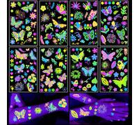 Qpout 8 feuilles de tatouages temporaires phosphorescents sous UV Papillon et Fleurs Néon Fluorescence Éclat Faux Tatouages Autocollants pour Femmes Art du Corps Visage Rave Festival Fête Danse