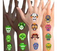 Qpout 96pcs Jour du Crâne de Sucre Mort Briller Dans le noir Tatouages temporaires pour les enfants, Halloween mexicain lumineux Dia de Los Muertos imperméable faux squelette Sugar Skull Tatouages